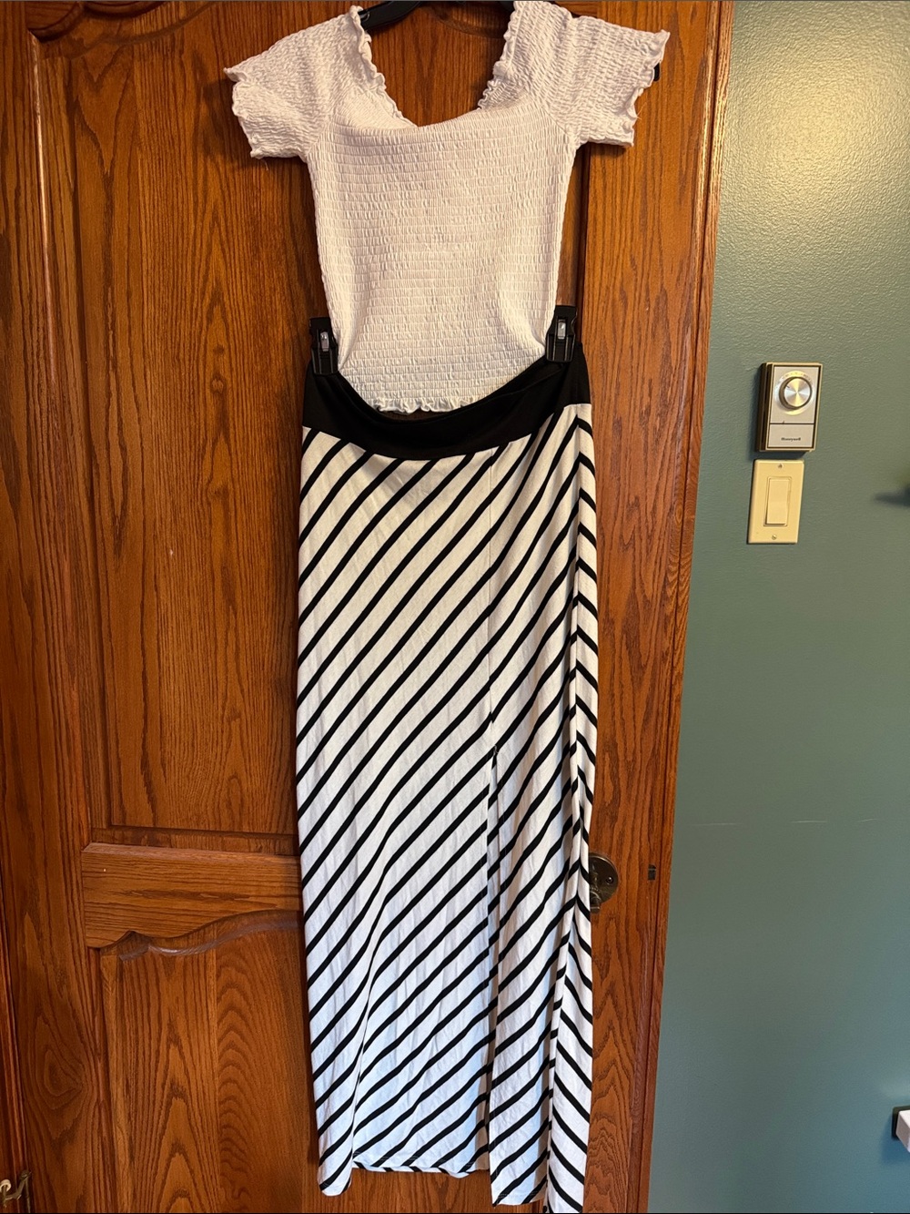 Very cute set of Black & White Diagonal Stripe Maxi Skirt and white top